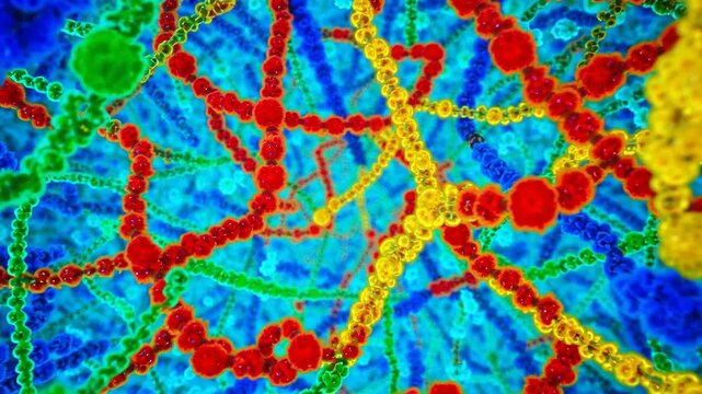 Abstract microscopic view of colorful interconnected cellular structures with vivid blue, red, yellow, and green organic patterns