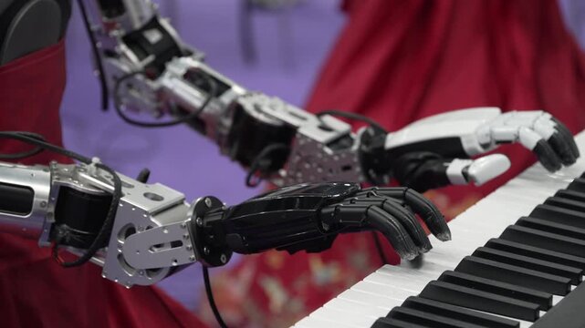 robot hand with play with Keyboards,Smart factory industry 4.0 concept     