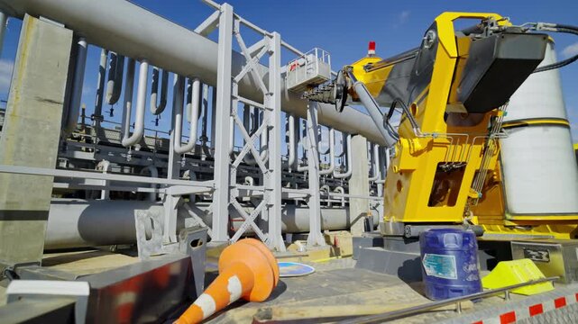 Large industrial equipment and complex technological pipelines. Extensive processing system inside contemporary oil-refining facility