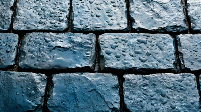 Wet stone blocks form a rugged textured wall. Dark joints frame reflective water droplets in a repeating pattern. It suits architecture, weather, and urban design themes.