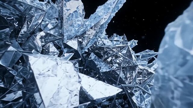 Abstract blue and silver crystalline ice formations against a dark background, creating a sharp, futuristic frozen landscape