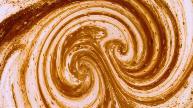 Abstract golden brown liquid swirls form a dynamic spiral pattern on a pale background, creating a flowing marbled texture
