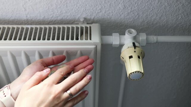 Hand counting euro coins near home heating radiator. Counting euro cents to pay for expensive winter heating bills.