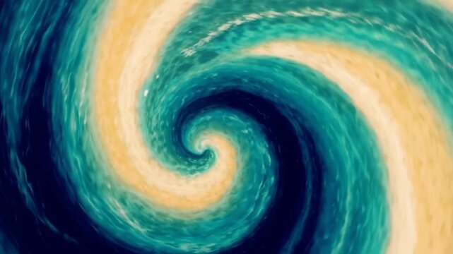 Abstract turquoise and deep blue water wave spiraling into a creamy golden vortex, creating dynamic fluid texture and hypnotic motion