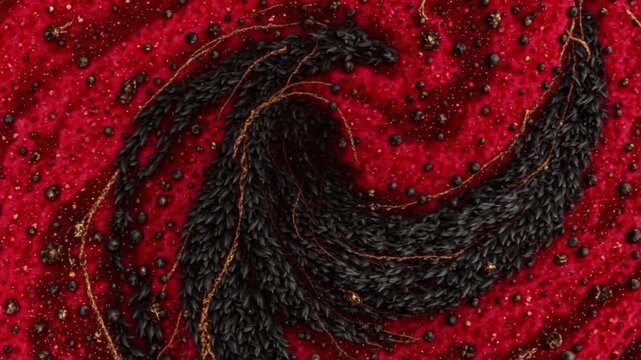 Abstract red and black swirling texture with glittering particles forming a dramatic organic spiral pattern