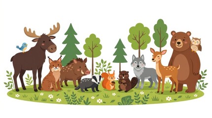 Obraz premium Cute Forest Animals Illustration with Bear Moose Wolf Deer and Squirrel in a Woodland Meadow Scene