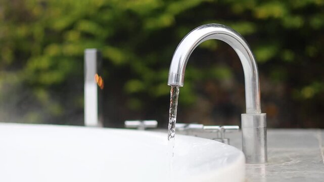 Close up video of hot water filling a luxurious outdoor bathtub with steam rising against a lush green background.