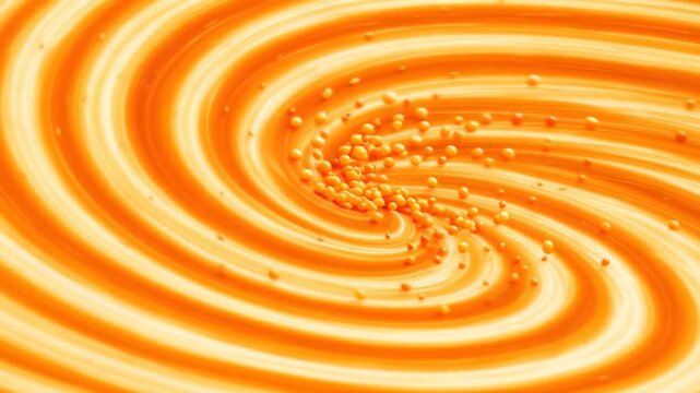 Abstract orange and golden liquid light trails form a dynamic swirling vortex with glowing particles and flowing concentric curves