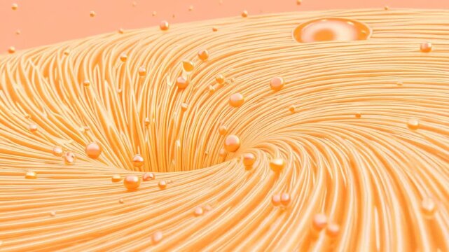 Abstract orange and white flowing wave lines form a dynamic swirling vortex with scattered glowing spheres and a bright energetic atmosphere