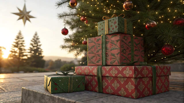 Stack of christmas presents wrapped in red and green paper under illuminated tree