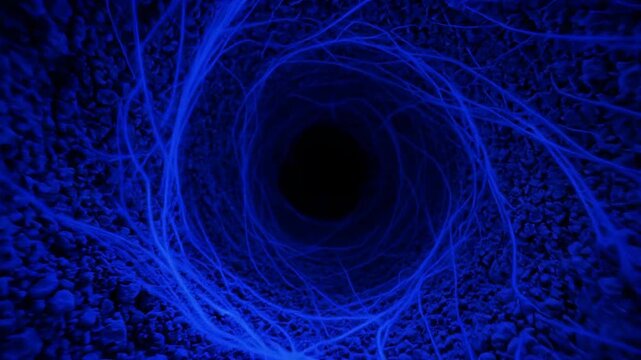 Abstract electric blue fiber strands form a swirling circular vortex around a dark center, creating a mysterious cosmic tunnel effect