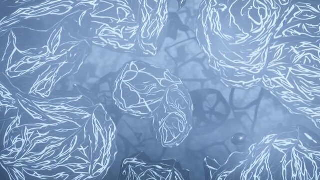 Abstract blue textured background with glowing white botanical line patterns, soft haze, and layered organic shapes creating a calm atmosphere