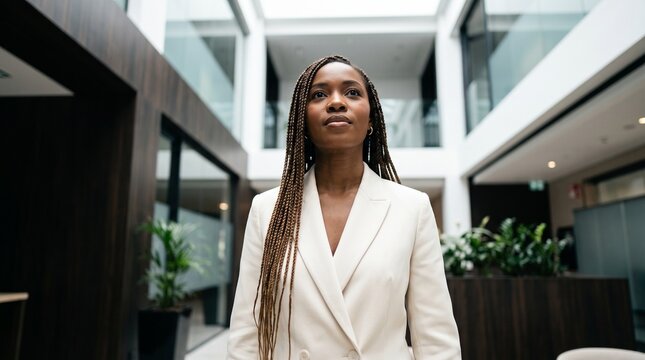 Low angle view of ambitious Black business woman standing in modern glass office building atrium. Confident female executive representing corporate financial planning, vision and career.