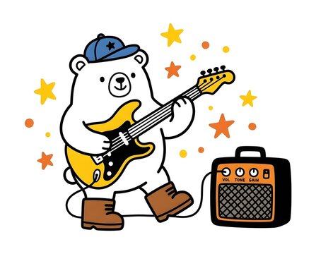 cute white bear playing electric guitar vector illustration with amplifier and stars for children design and cartoon music background