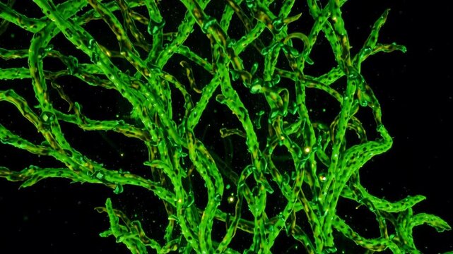 Abstract fluorescent green branching organic forms resembling microscopic algae or neural networks against a deep black background