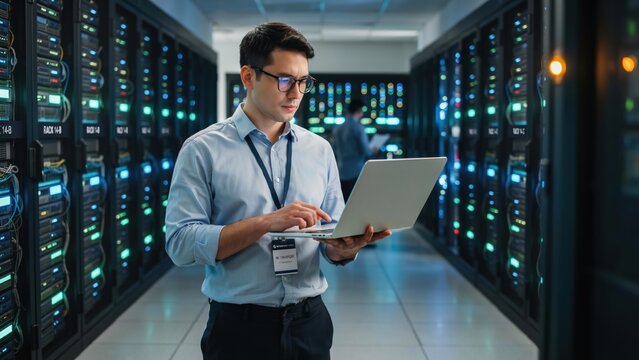 Data center technician working with laptop in server room. IT engineer monitoring network infrastructure and cloud computing systems. Professional technology stock photo.