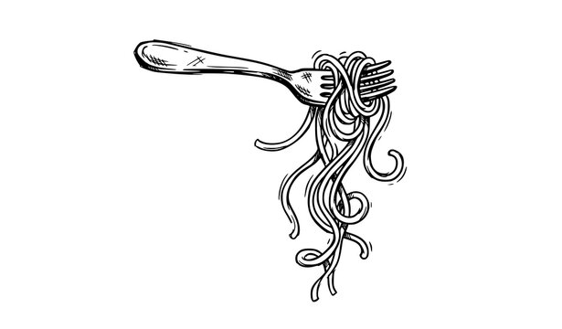 Fork with hanging spaghetti noodles hand drawn black and white ink sketch vector illustration pasta design