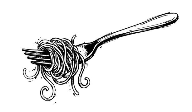 Fork with spaghetti pasta noodles hand drawn black and white ink sketch vector illustration food design