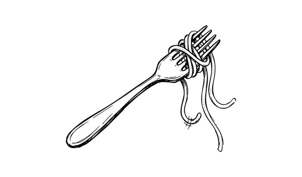 Fork twirled with spaghetti noodles hand drawn black and white sketch vector illustration pasta food design