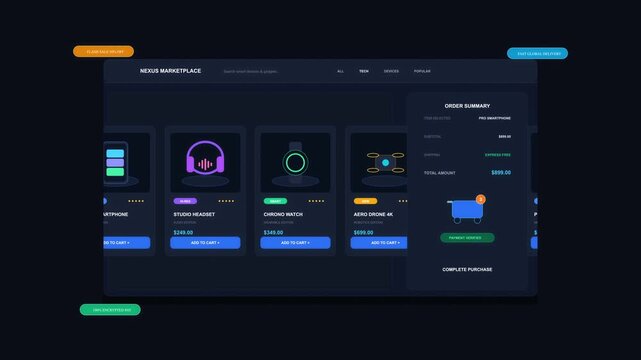 Animated pixel art ui ux interface mockup showing product cards and shopping cart animation, digital ecommerce concept