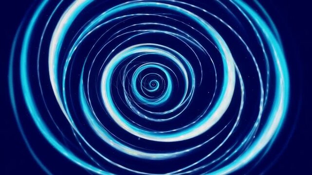 Abstract blue and white glowing spiral rings rotate inward on a dark navy background, creating a hypnotic digital vortex