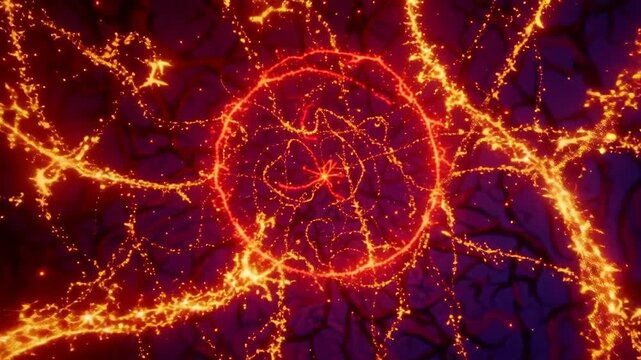Abstract glowing orange branching network or electrical pattern spreading across a deep purple and red background