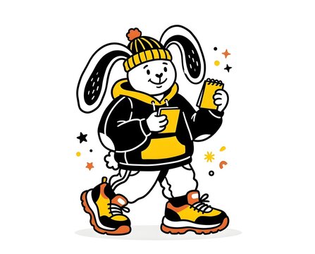 cute cartoon rabbit walking in a yellow beanie and black hoodie holding a notebook with cool sneakers for creative design concepts and education
