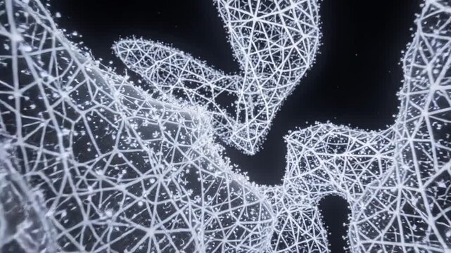 Abstract glowing white molecular and cellular network structures floating against a dark background, evoking biotechnology and microscopic research