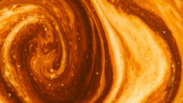 Abstract golden orange fluid vortex with swirling cream-colored waves, glowing highlights, and fine suspended particles creating a dynamic atmospheric background