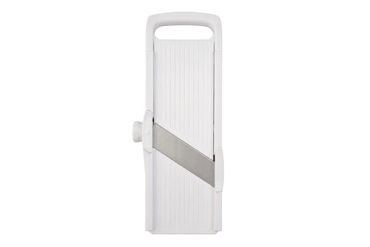 White plastic mandoline slicer with a stainless steel blade is positioned vertically on a clean white background