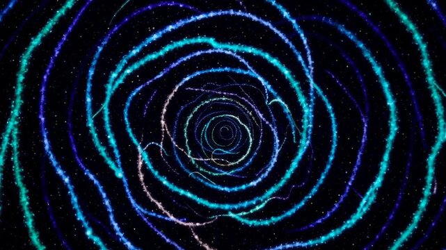 Abstract rotating spiral tunnel formed by glowing blue and cyan particles on a black background, creating a hypnotic futuristic atmosphere