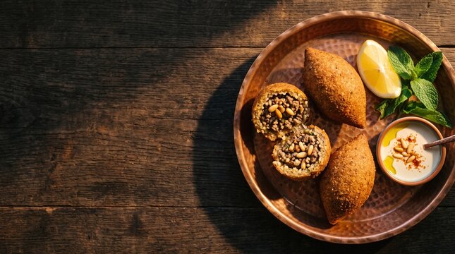 Lebanese kibbeh tray with lemon and mint