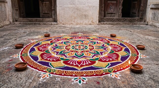 Traditional colorful diwali rangoli pattern with burning clay diya oil lamps on stone floor courtyard