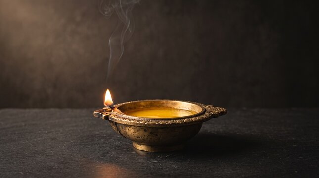 Glowing traditional brass diya oil lamp with burning flame and smoke for diwali gold celebration on dark background with copy space