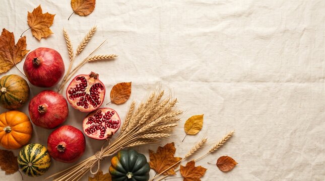 Autumn harvest flat lay with pumpkins pomegranates wheat ears and dry leaves on linen background with copy space