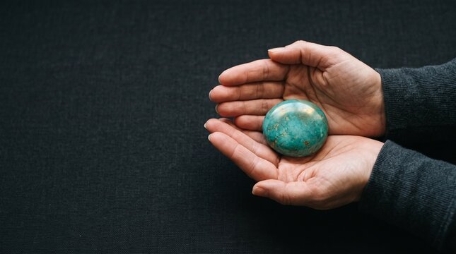 Hands holding polished turquoise stone egg for mental health wellness and spiritual healing on dark background with copy space