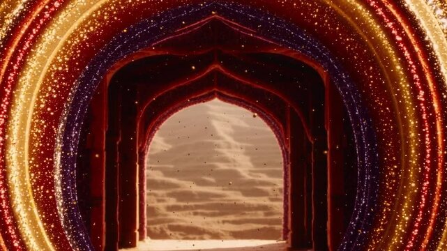 Surreal glowing red arched passage framing a hazy desert landscape, surrounded by concentric golden light rings and sparkling particles