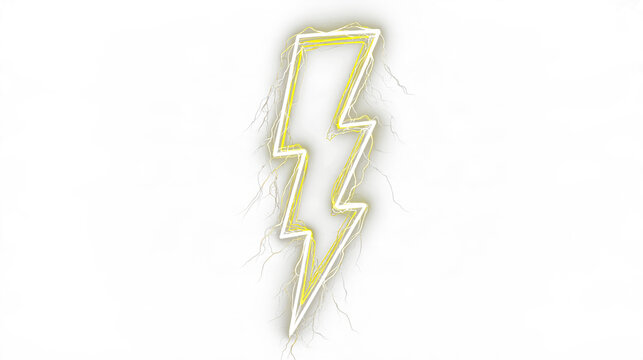 Bright yellow lightning bolt icon, glowing neon outline, design element graphic, isolated on transparent background