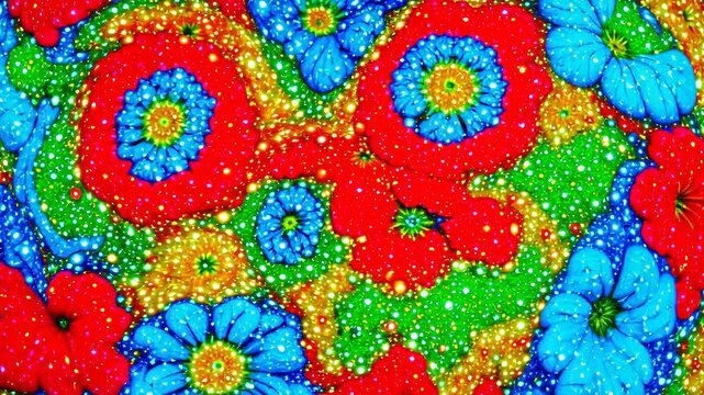 Vibrant abstract floral pattern with red, blue, green, and yellow flowers covered in sparkling dotted textures and dense color