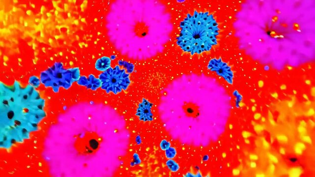 Vibrant abstract microscopic pattern with colorful circular cellular forms in red, blue, green, yellow, and magenta