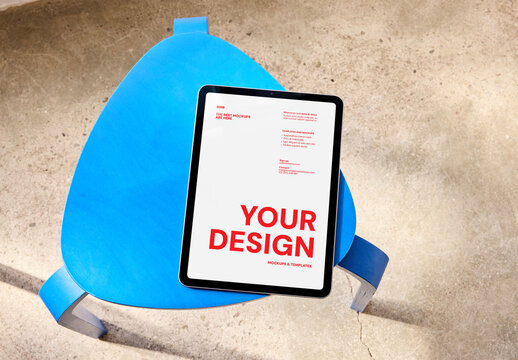 Mockup Of Customizable Tablet On Blue Stool, Top View