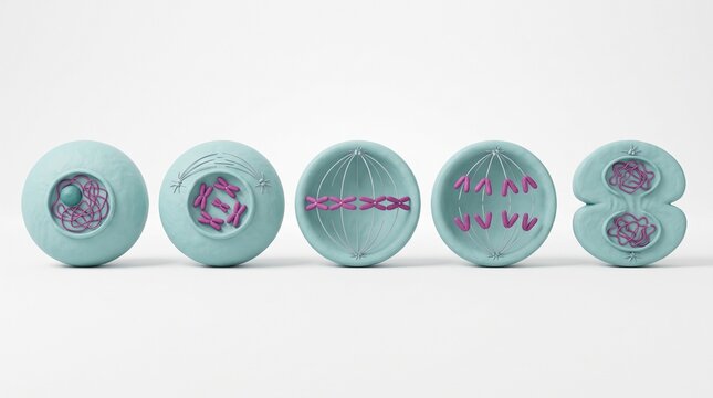 Mitosis Cell Division Stages in a Row, 3D on White Background
