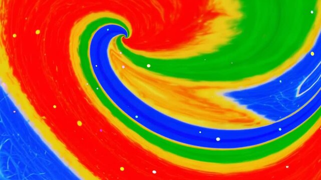 Abstract swirling ribbons of red, green, blue, and yellow create a vivid dynamic vortex with energetic motion and flowing layered texture