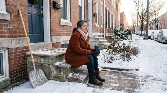 Homeowner rests after clearing snowy front steps