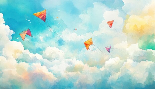 Colorful kites soaring through a dreamy blue sky with fluffy white clouds.