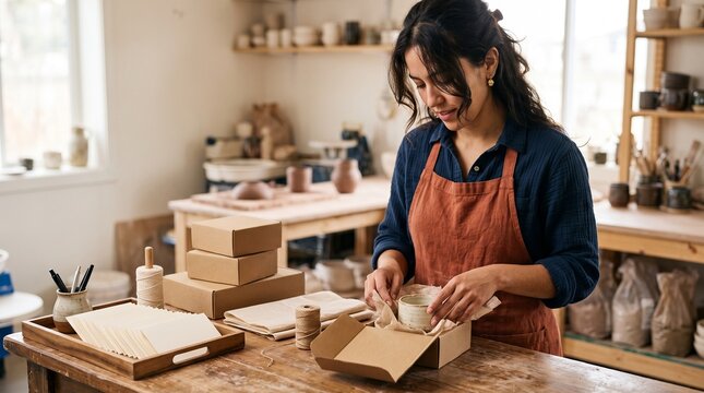 Artisan prepares ceramic orders and blank sales slips