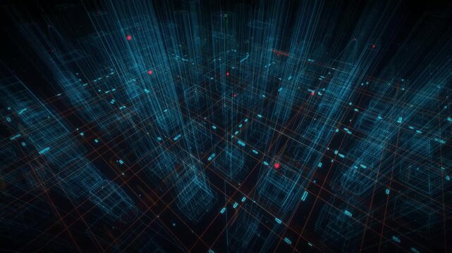 Isometric high angle view of a blue wireframe digital city grid with moving car lights and holographic buildings in a 3D render
