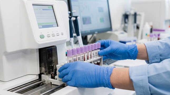 premium medical laboratory photo, close-up of gloved technician hands loading a generic blood sample into an automated white blood cell analyzer, commercial diagnostic composition