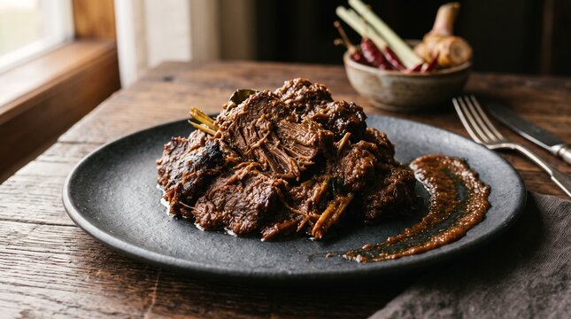 Indonesian beef rendang with glossy coconut sauce