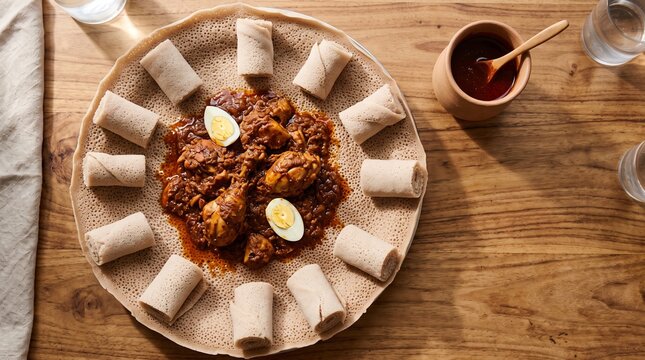 Overhead doro wat feast arranged on fresh injera